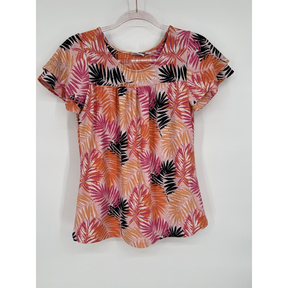 Kim Rogers Short Sleeve Tropical Top Blouse Womens Size S Pink & Orange